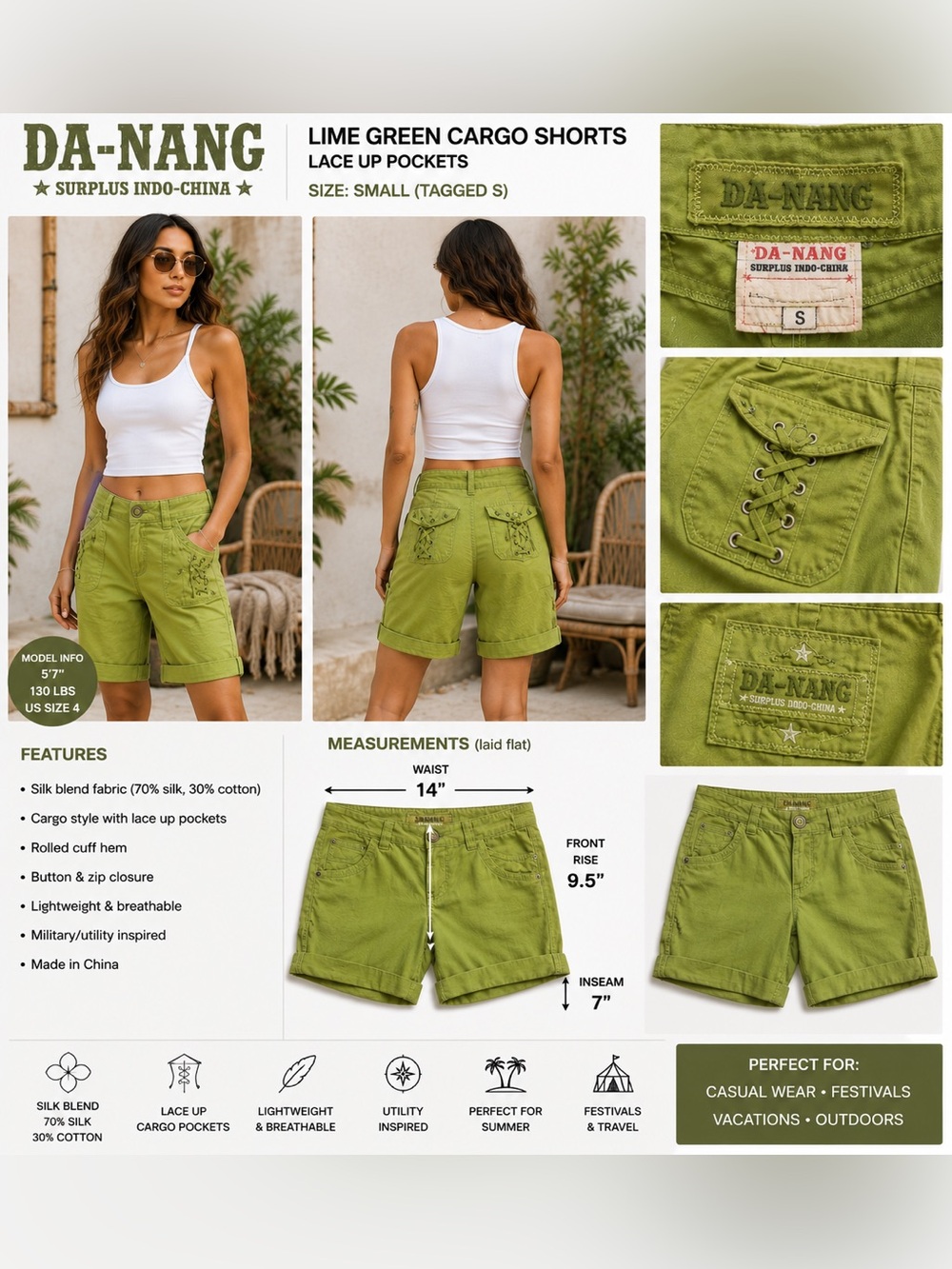Da-Nang Surplus Indo-China Lime Green Silk Blend Cargo Shorts Lace Up Pockets S